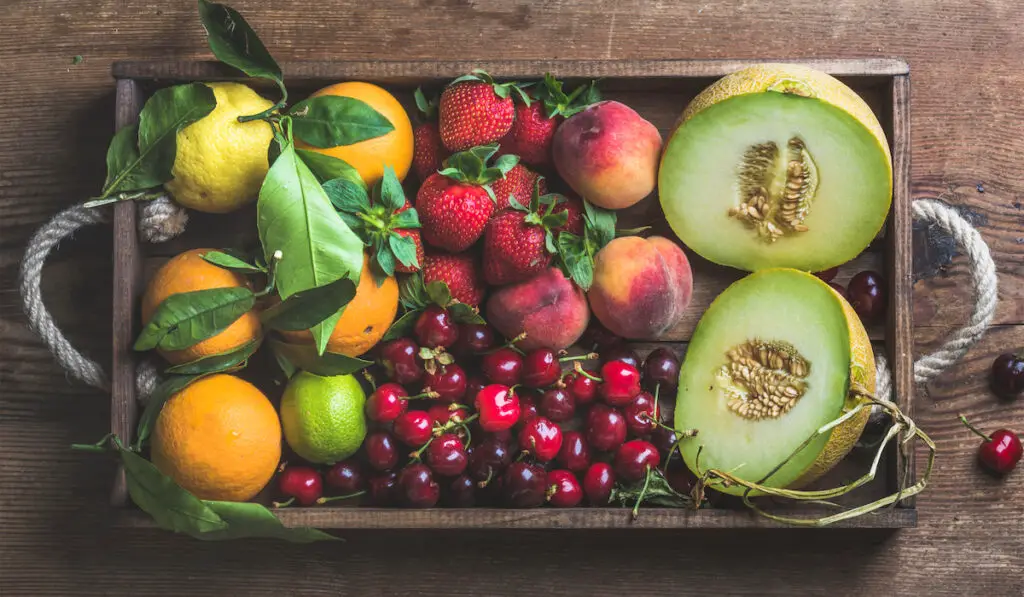 healthy fruits on a wooden box