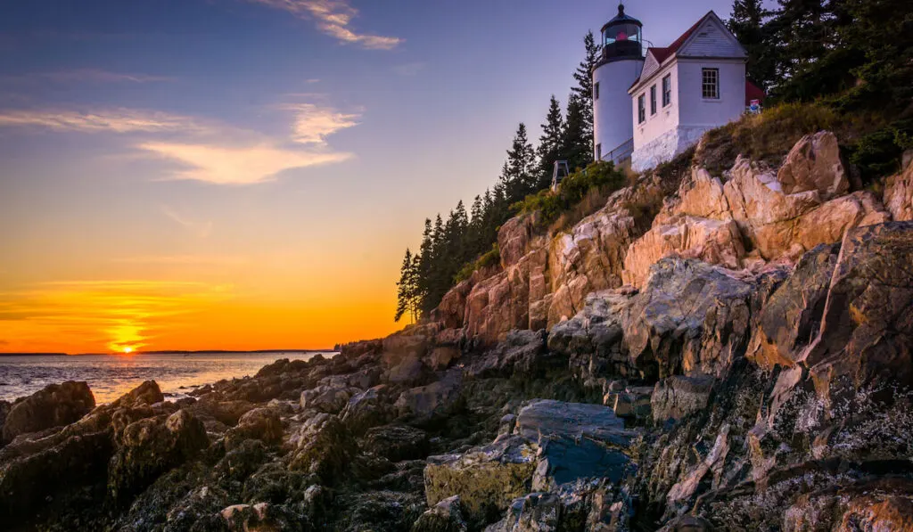 Bass Harbor Lighthouse at sunset, in Acadia National Park, Maine 