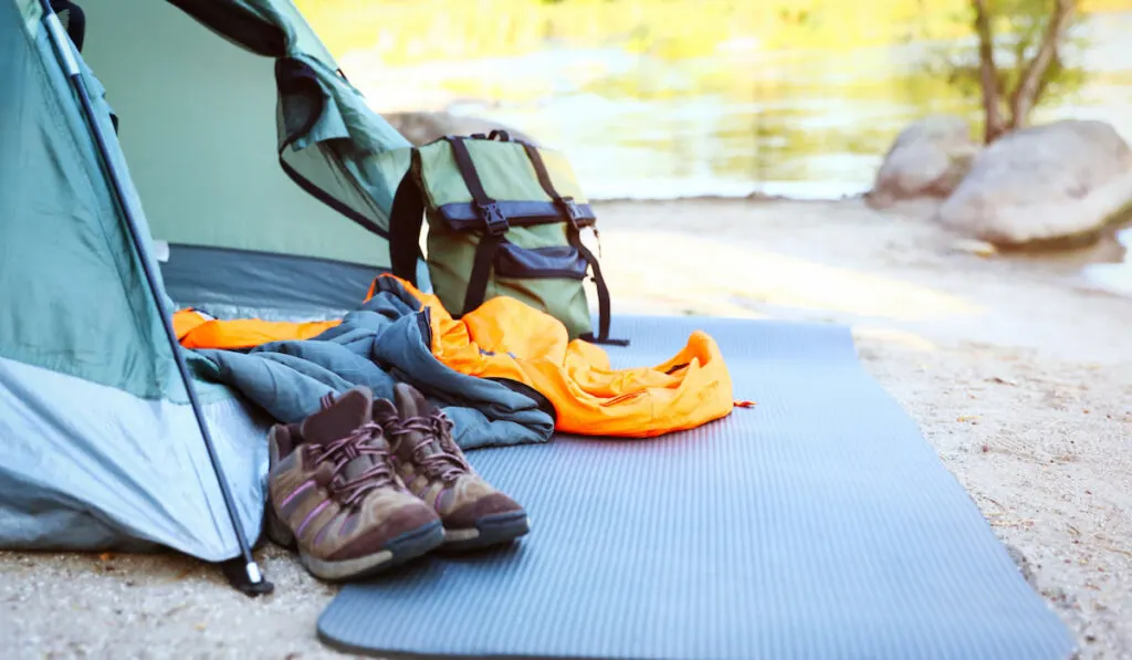 tent, bag, shoes, and mat, camping materials 