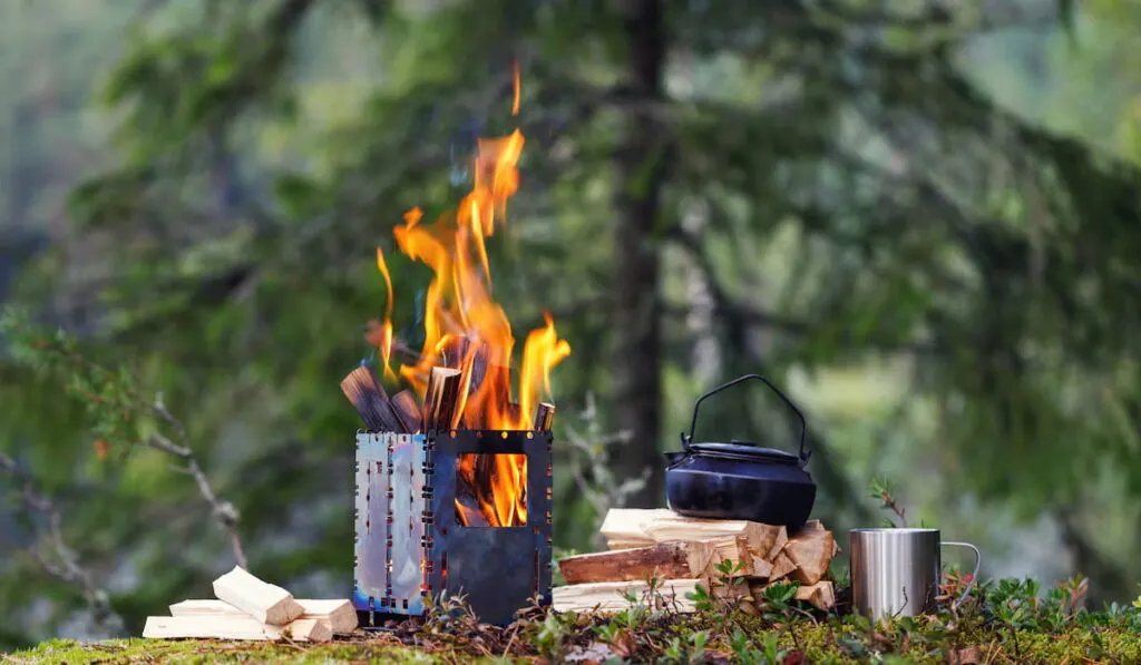 A burning camping wood stove with a kettle, a mug and firewood on the background of the forest.