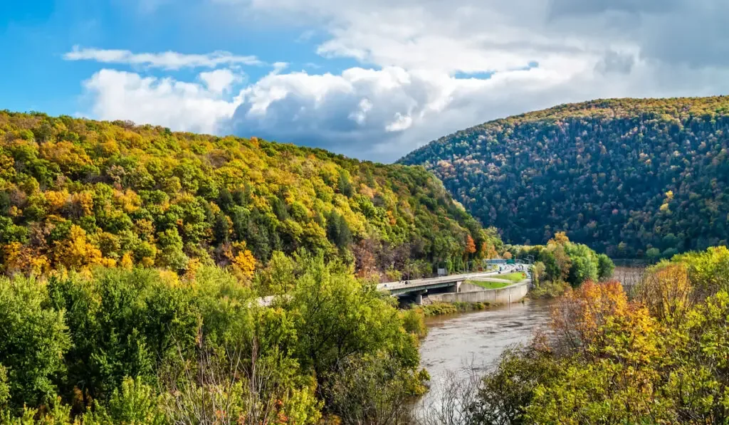A scenic view of the Delaware Water Gap between Pennsylvania and New Jersey -