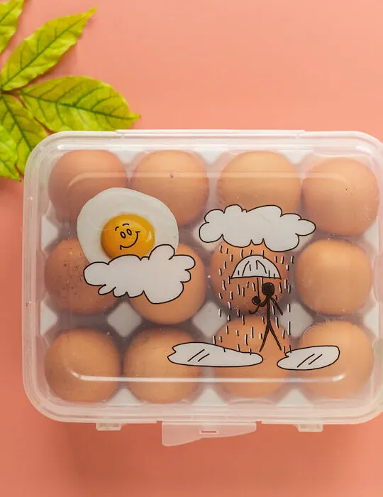 Flat-lay-of-Eggs-in-a-container-with-leaves-on-a-beige-background