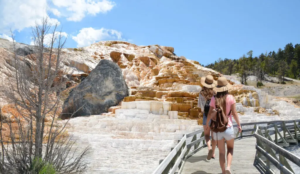 Girl friends on visiting yellowstone national park
