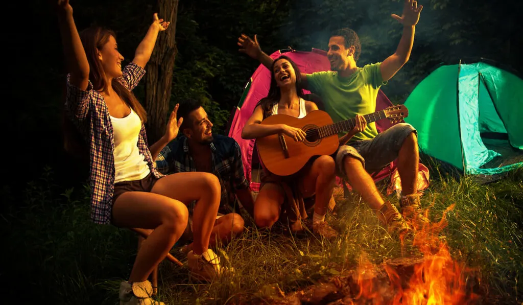 Group of friends having fun while camping 