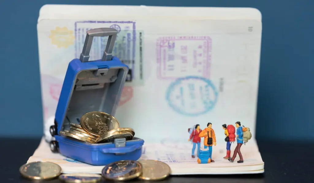 Miniature people, travelers with backpack walking on passport with miniature baggage as backdrop