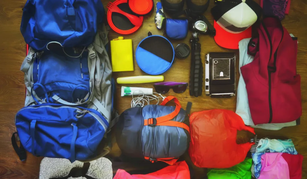 Set of hiking gear to mountains
