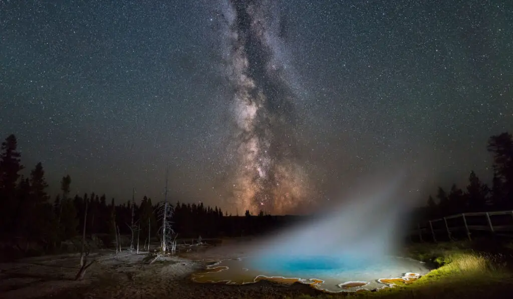 Silex Spring, Yellowstone National Park under the night sky