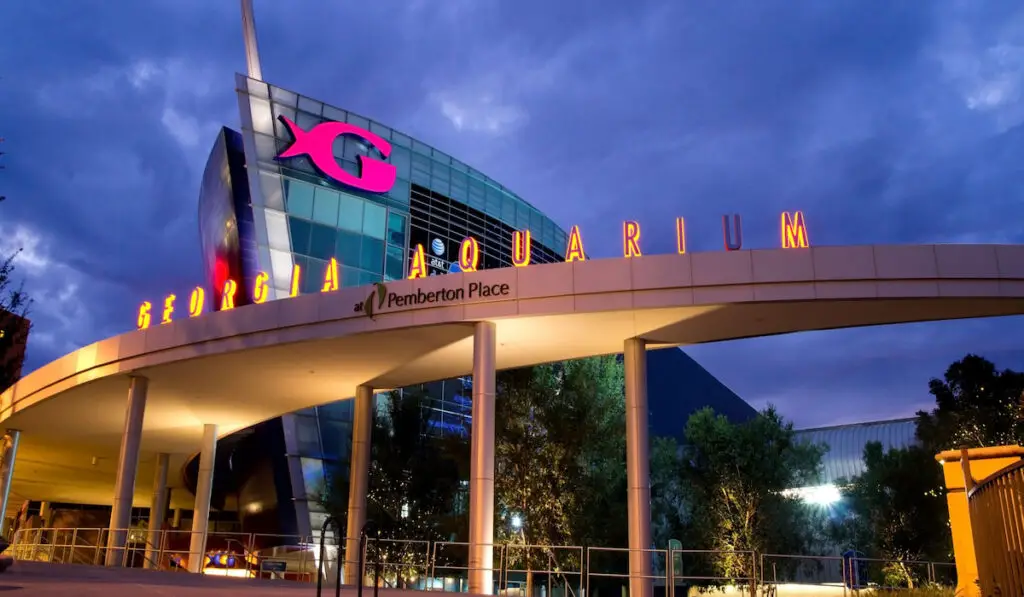 The Georgia Aquarium facade at night in Atlanta,