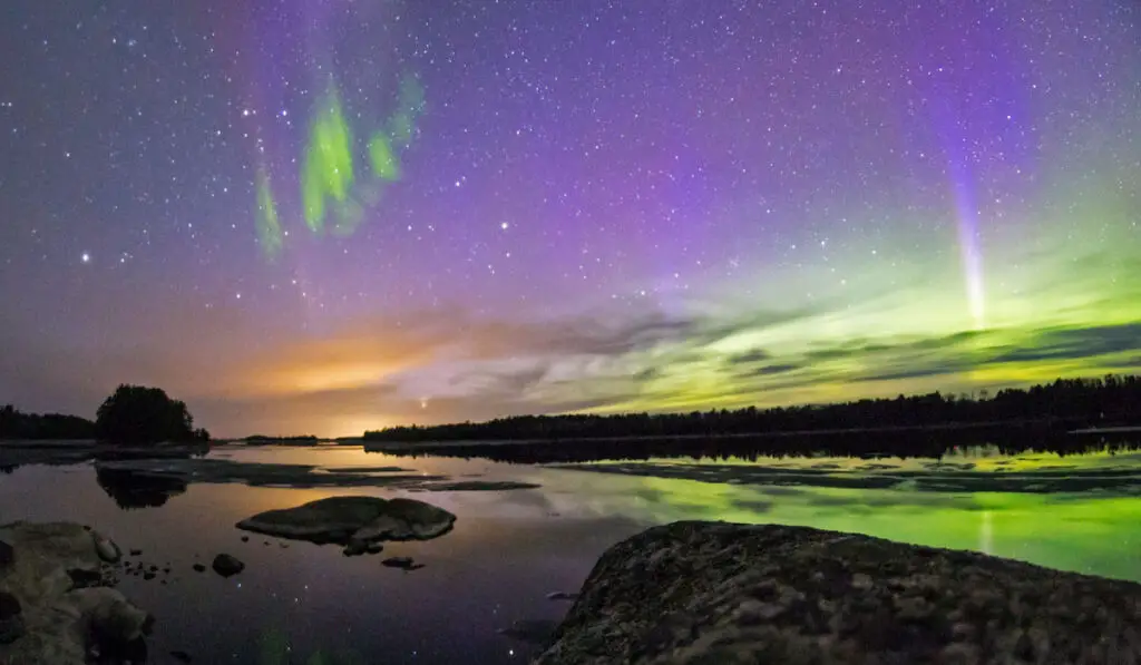The Northern Lights over the skies of Voyageurs National Park in northern Minnesota