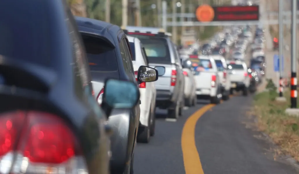 Traffic jam on the highway, traffic congestion during rush hour concept of traveling 