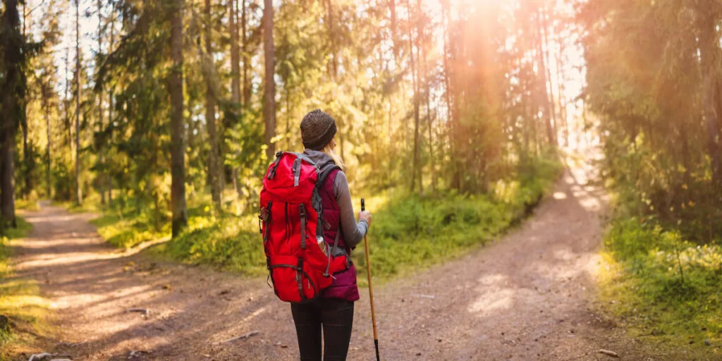 Woman hiking and going camping in nature. Concept of choosing lost while camping 