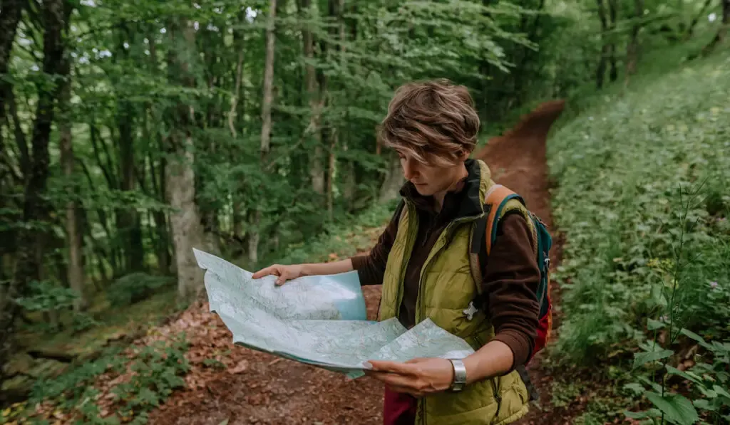 Young woman standing in the forest holding touristic map.
