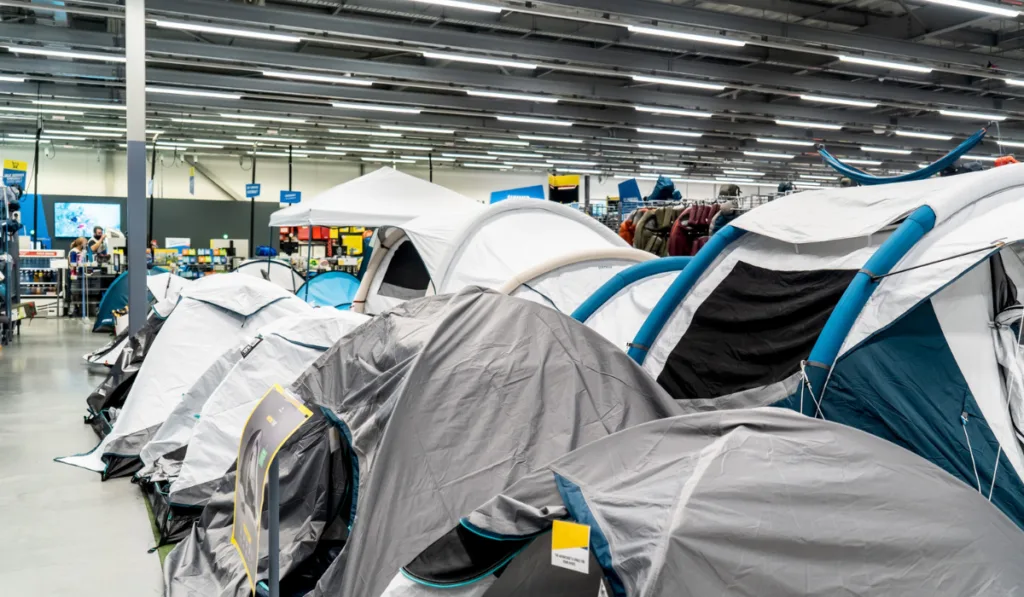 camping tents and equipment on display