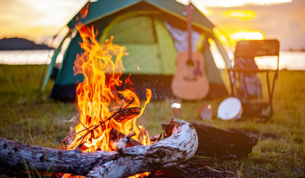 closeup of a campfire and tent with music instrument on background 