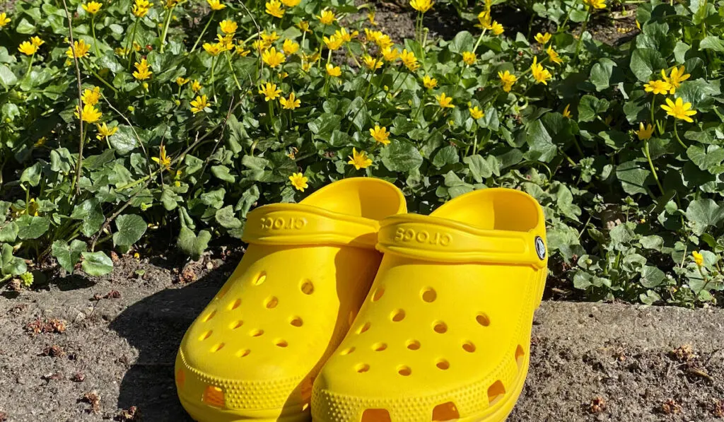 yellow pair of crocs near on the ground