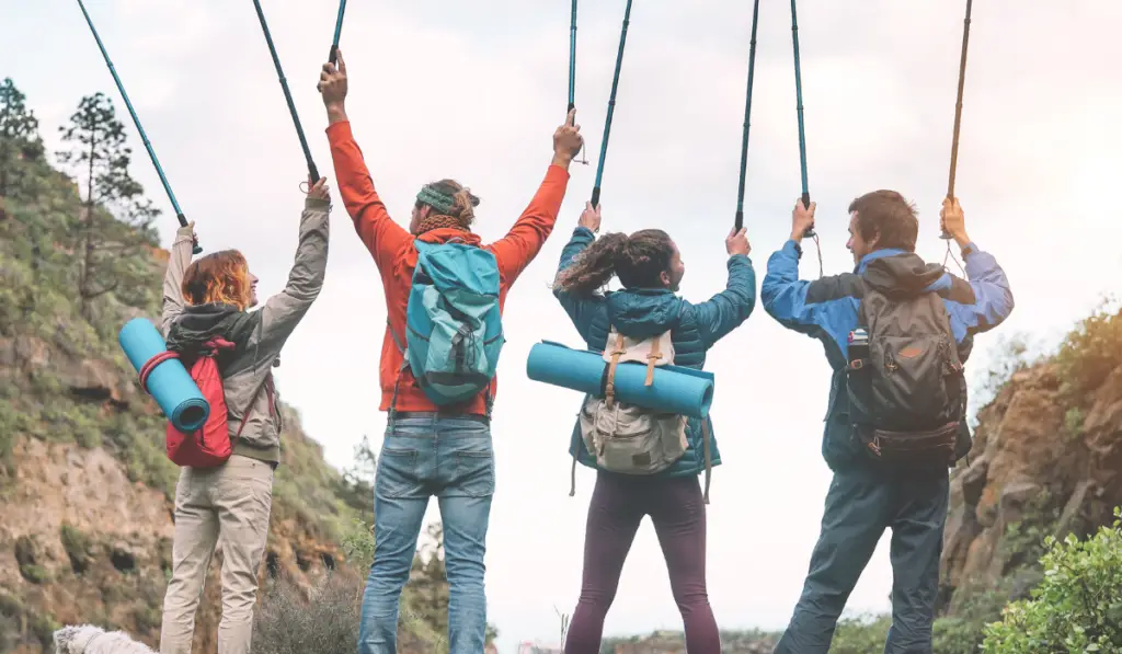 Group of friends raising hands up holding trekking poles on a peak of mountain