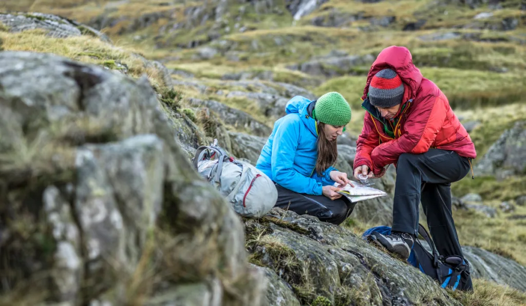 Hikers using map and compass