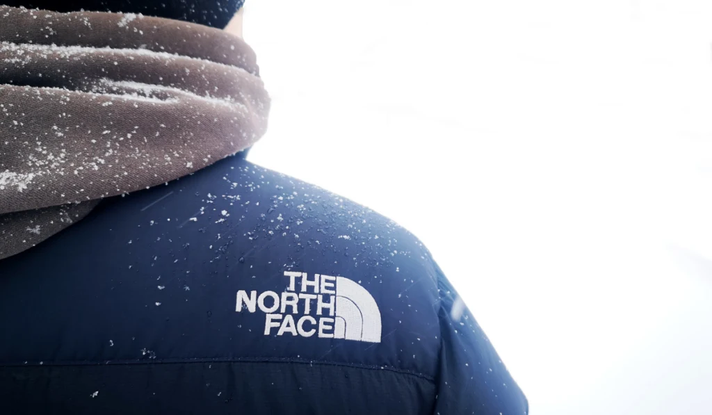 back view of a man in a blue jacket by The North Face, in winter