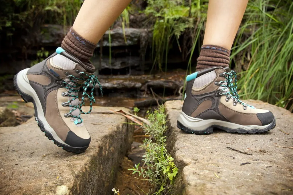hiker wearing a brown hiking boots