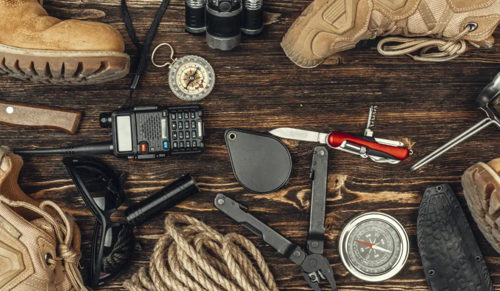 travel hiking equipment tools, view from above