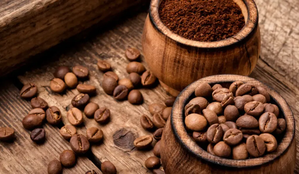 Coffee beans and coffee ground on wooden bowl